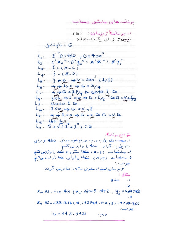نمایش صفحه برنامه ژیزمان روی ماشین حساب کاسیو 4500 شامل ورودی مختصات دو نقطه و خروجی زاویه ژیزمان بر حسب درجه، دقیقه و ثانیه