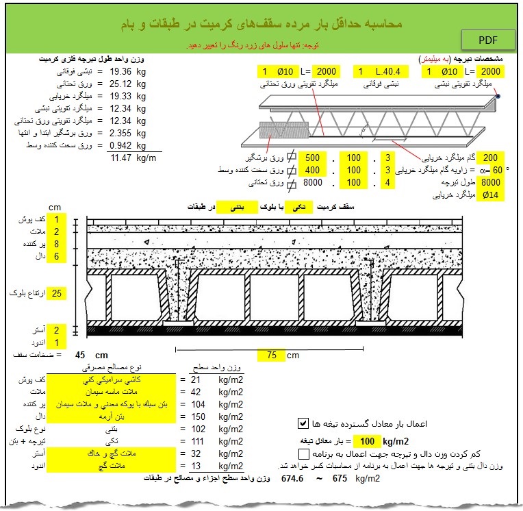 نمایی از محیط برنامه ، قسسمت محاسبه بار مرده سقف کرمیت