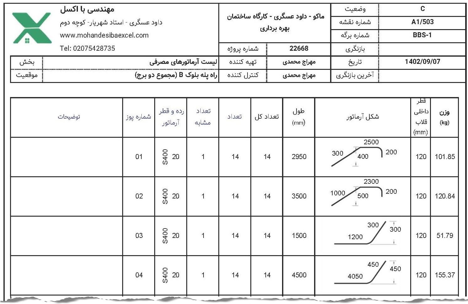 نمونه جدول لیستوفر تهیه شده با اکسل