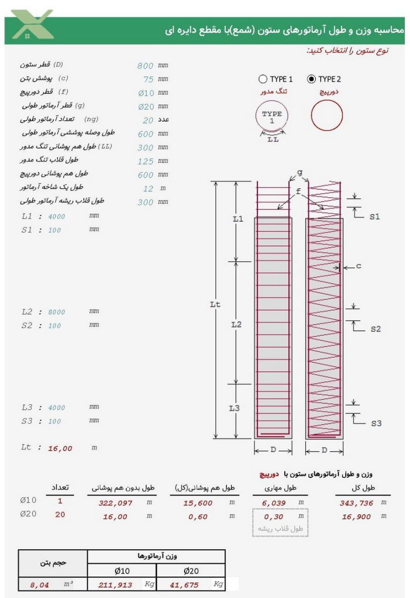 محاسبه طول و وزن میلگرد اسپیرال شمع بتنی