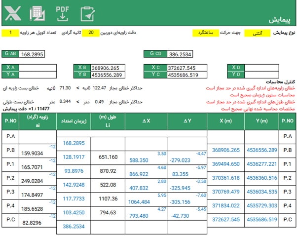 محاسبات پیمایش آنتنی حالت: مختصات نقطه دوم و نقطه ماقبل آخر و ژیزمان امتداد ضلع شوع و ضلع پایان معلوم - حرکت ساعتگرد