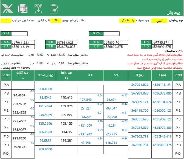 محاسبه پیمایش آنتنی حالت: دو نقطه با مختصات معلوم در ابتدا و دو نقطه با مختصات معلوم در انتها - حرکت پاد ساعتگرد