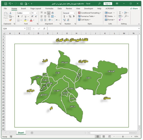 نقشه شهرستان های استان تهران در اکسل 
